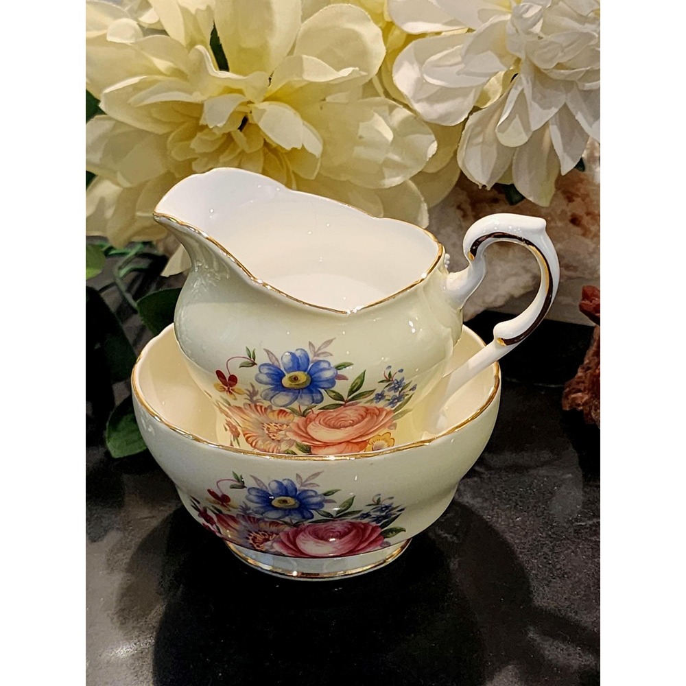 Vintage Paragon Bone China Cream and Sugar Set Floral Gold Trim England Yellow